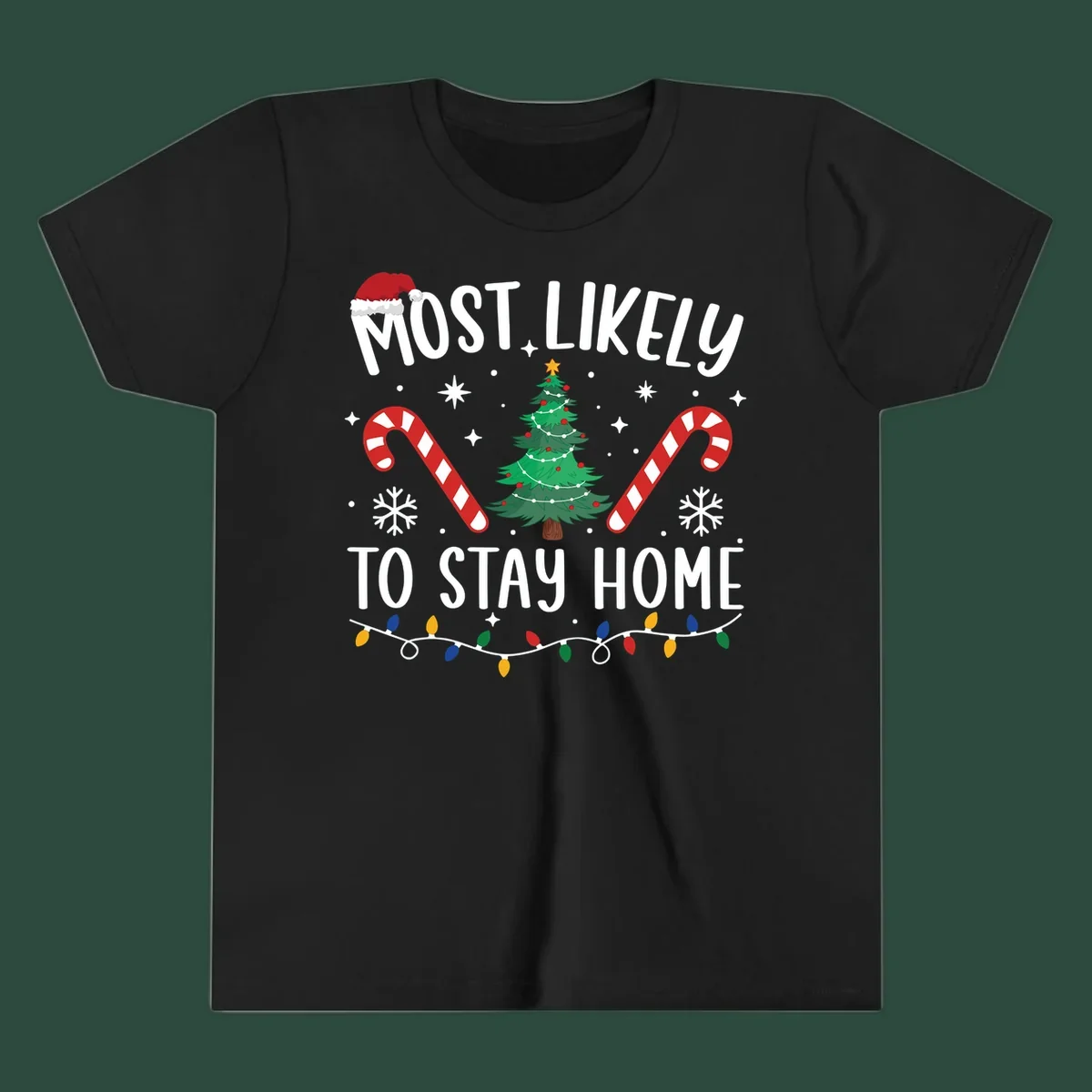 Most likely to stay home Christmas design with text, tree, candy canes, and lights.
