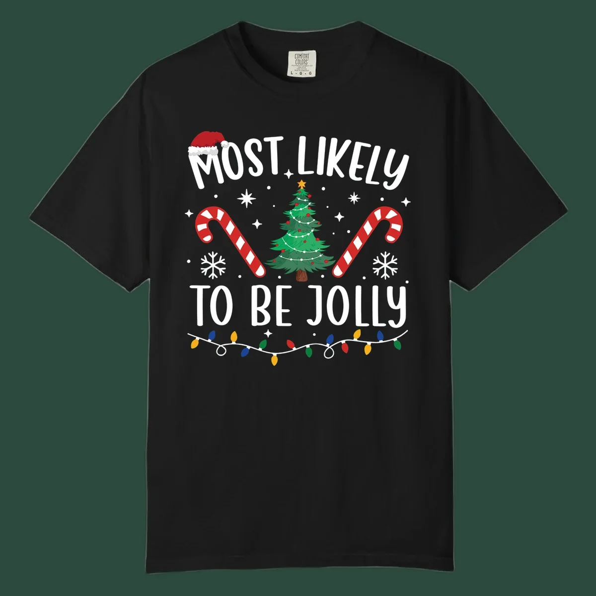 Most Likely To Be Jolly Christmas Tree design with text, Santa hat, candy canes, and festive elements.