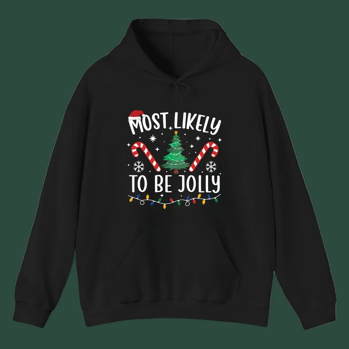 Most Likely To Be Jolly Christmas Tree design with text, Santa hat, candy canes, and festive elements.