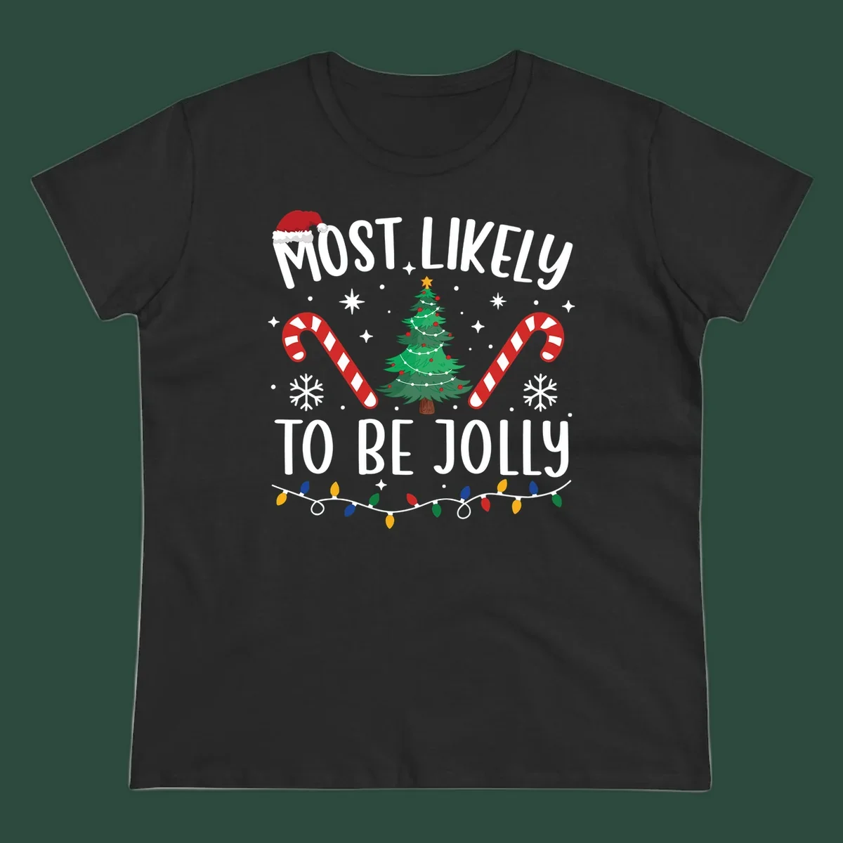 Most Likely To Be Jolly Christmas Tree design with text, Santa hat, candy canes, and festive elements.