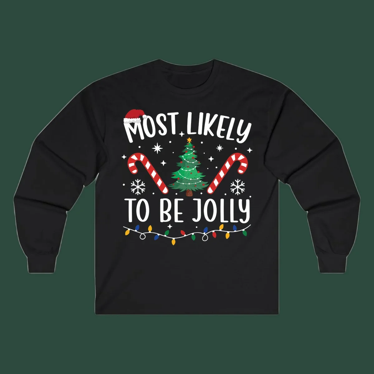 Most Likely To Be Jolly Christmas Tree design with text, Santa hat, candy canes, and festive elements.