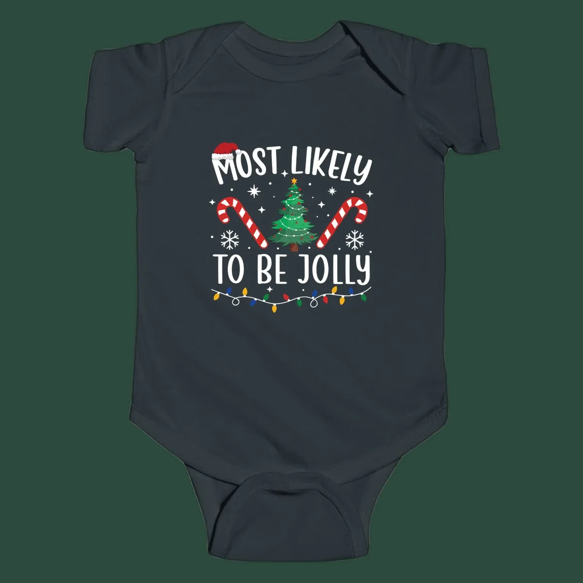 Most Likely To Be Jolly Christmas Tree design with text, Santa hat, candy canes, and festive elements.