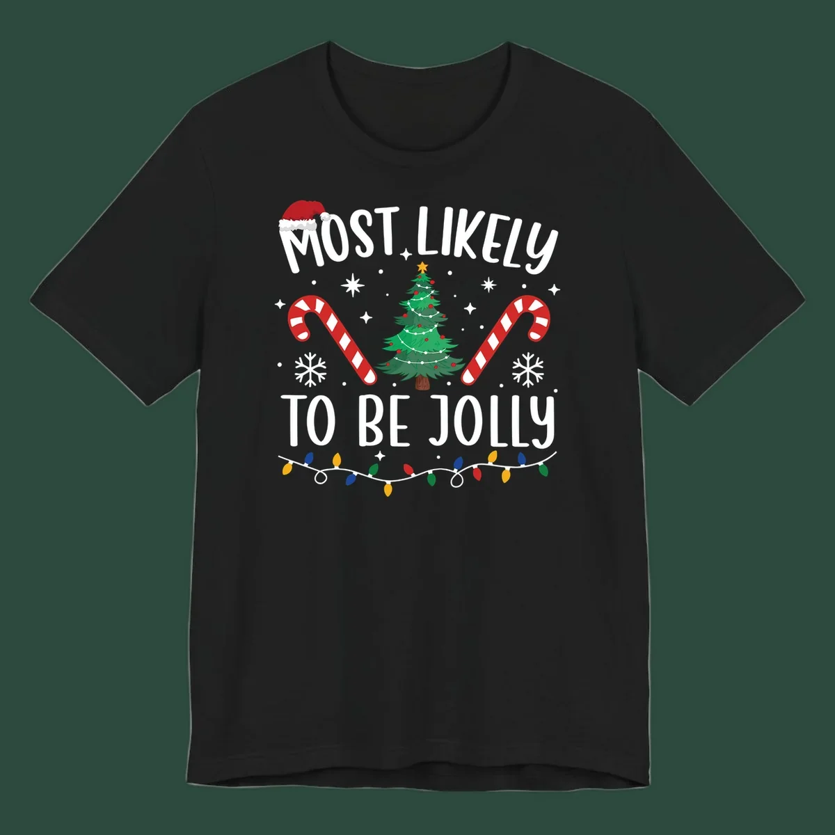 Most Likely To Be Jolly Christmas Tree design with text, Santa hat, candy canes, and festive elements.