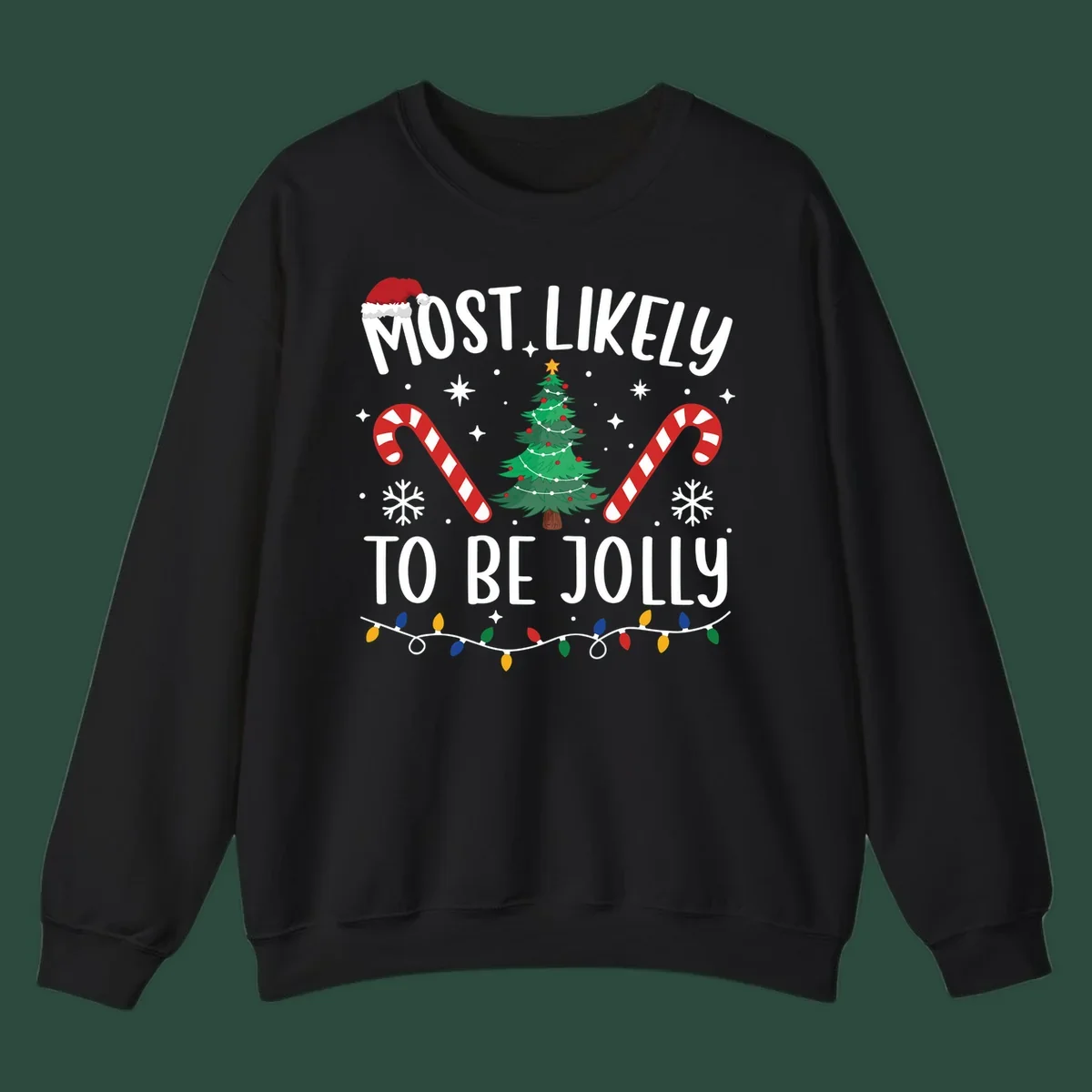 Most Likely To Be Jolly Christmas Tree design with text, Santa hat, candy canes, and festive elements.
