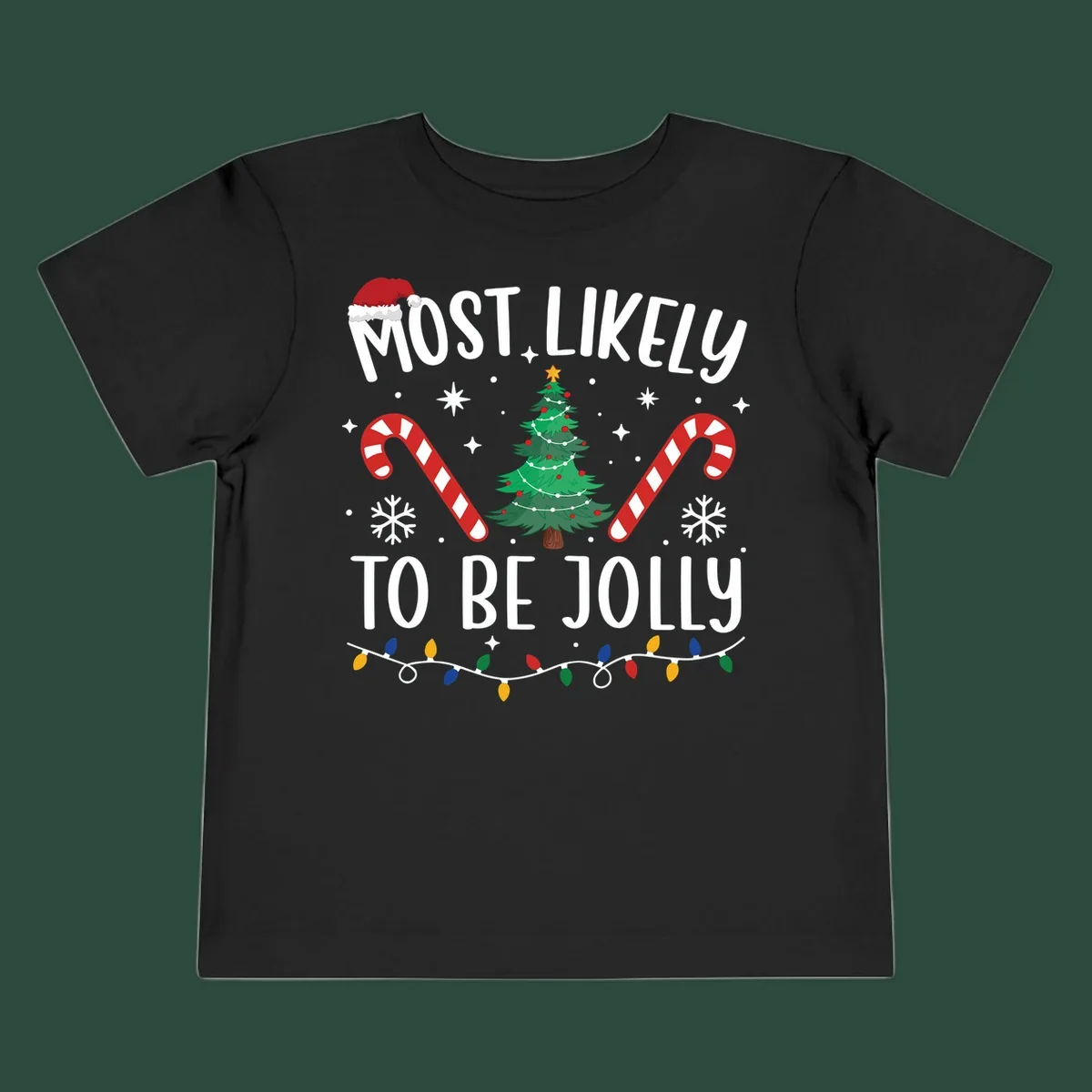 Most Likely To Be Jolly Christmas Tree design with text, Santa hat, candy canes, and festive elements.