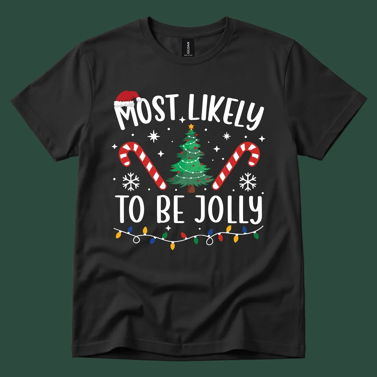 Most Likely To Be Jolly Christmas Tree design with text, Santa hat, candy canes, and festive elements.