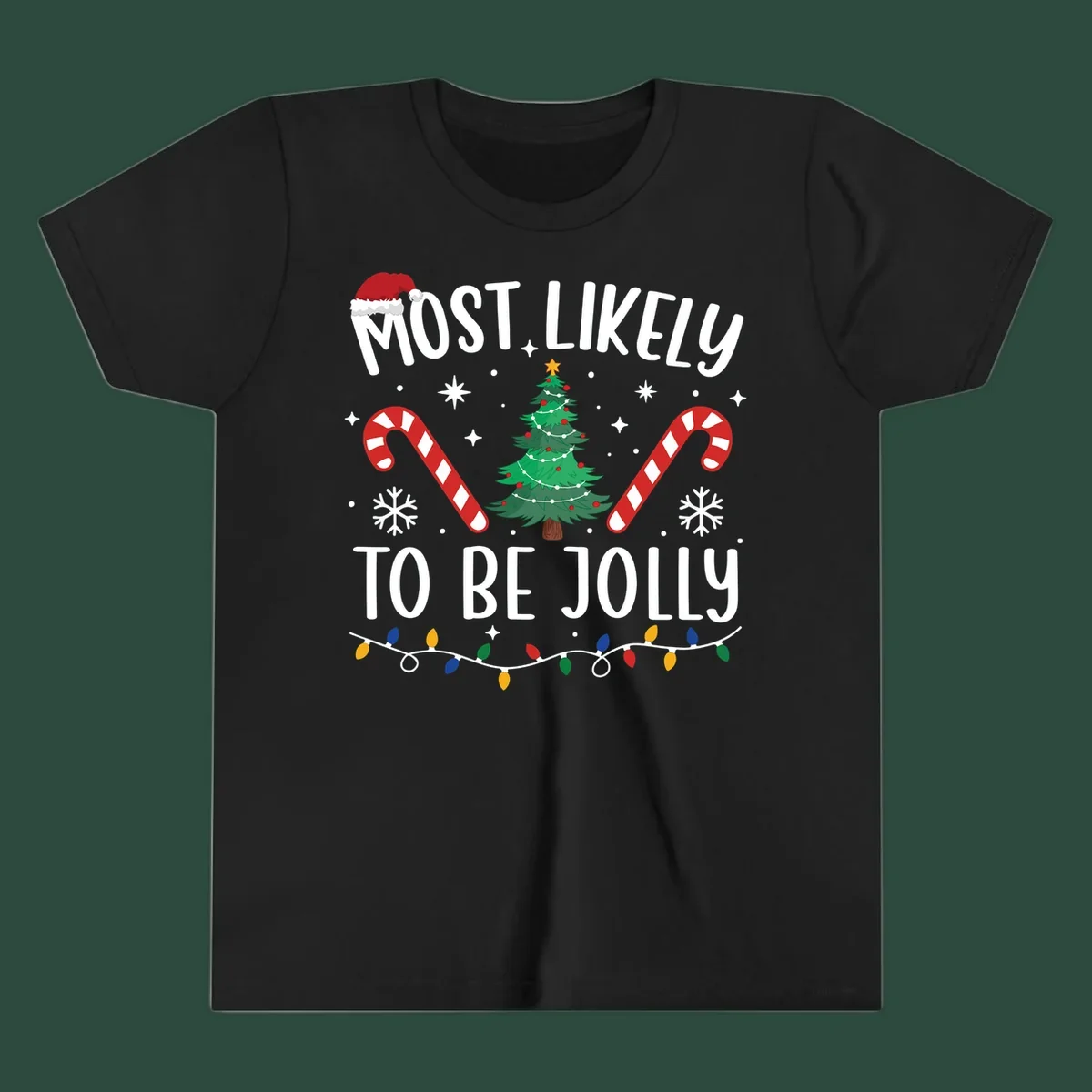 Most Likely To Be Jolly Christmas Tree design with text, Santa hat, candy canes, and festive elements.