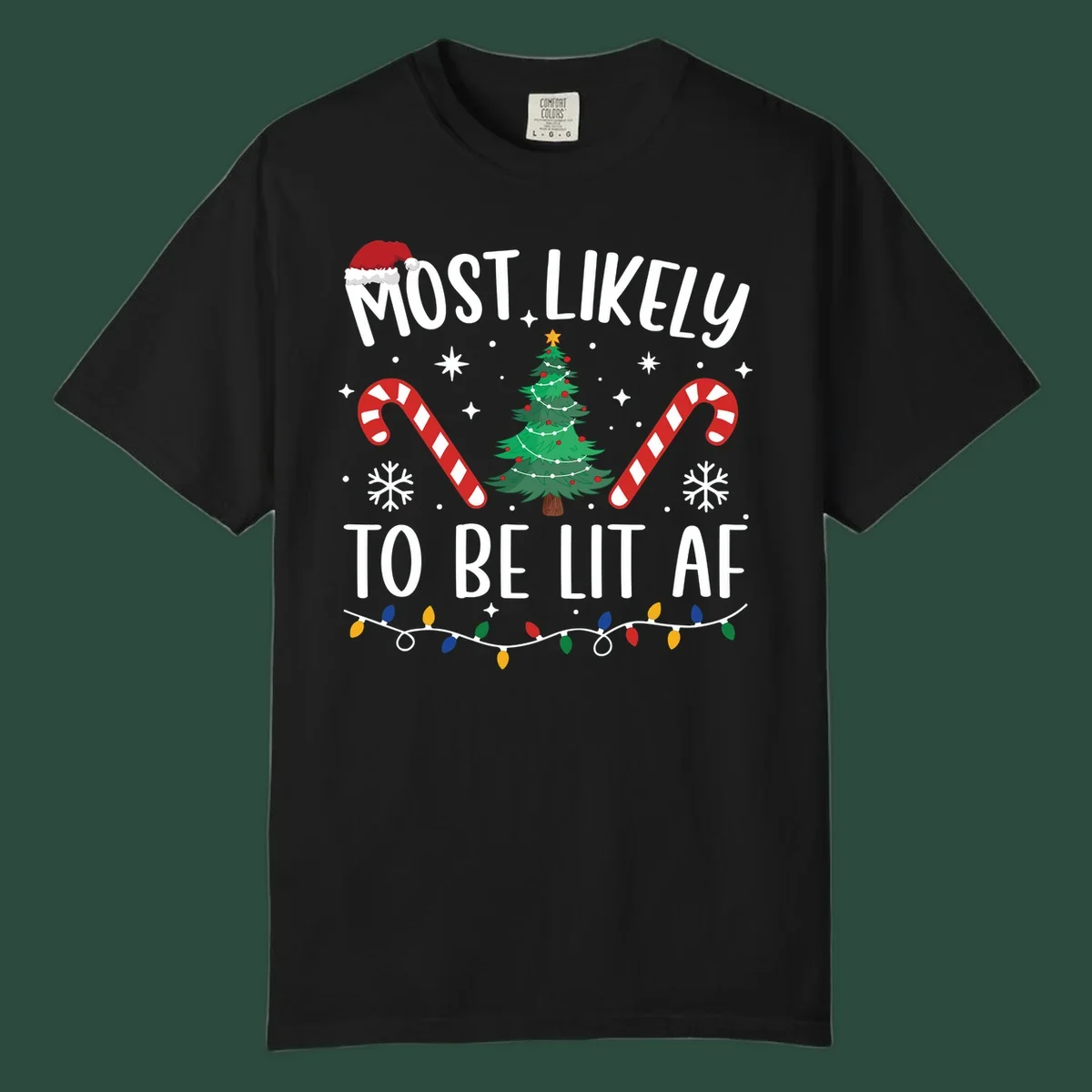 Most Likely To Be Lit AF Christmas Crew graphic with text, tree, candy canes, and lights.