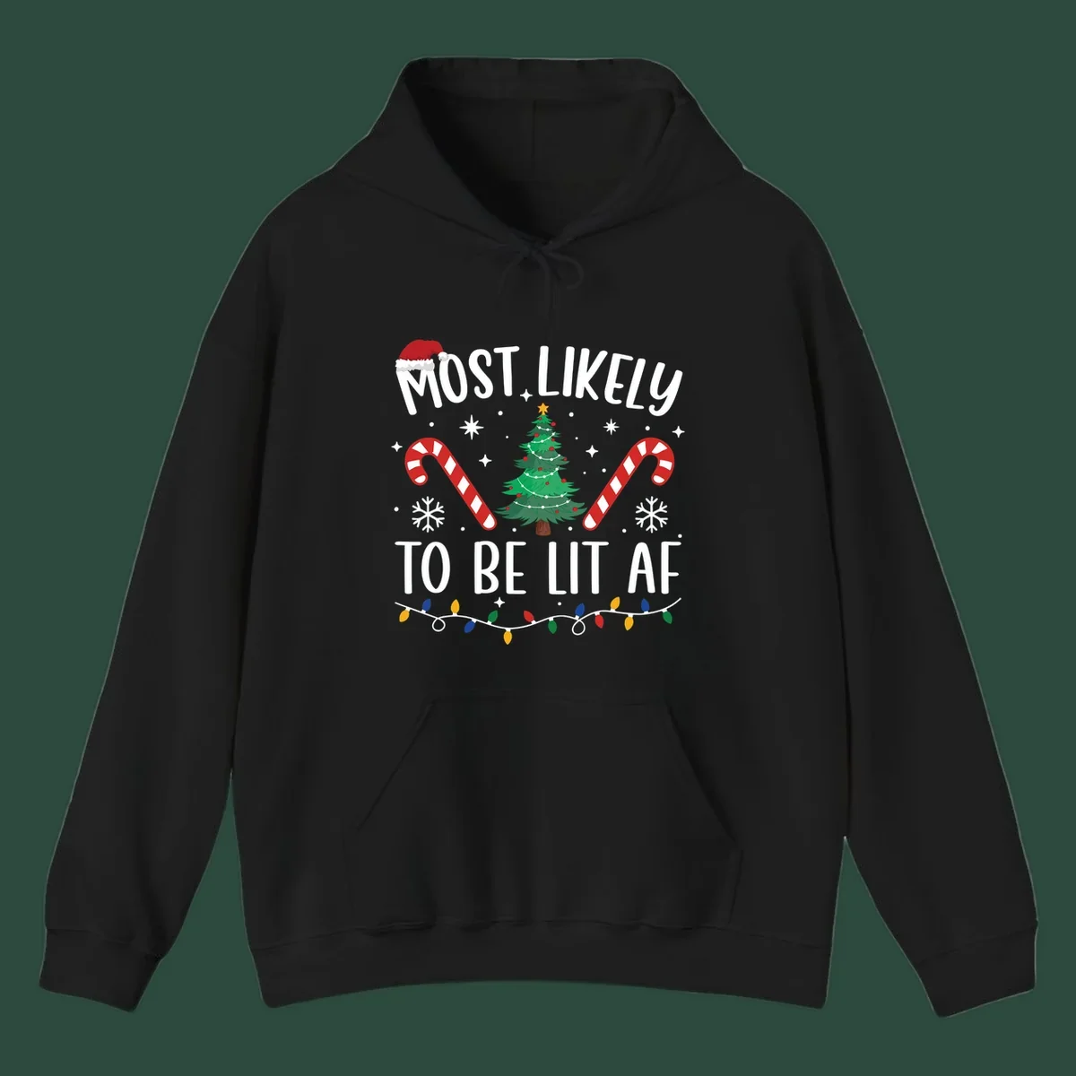 Most Likely To Be Lit AF Christmas Crew graphic with text, tree, candy canes, and lights.