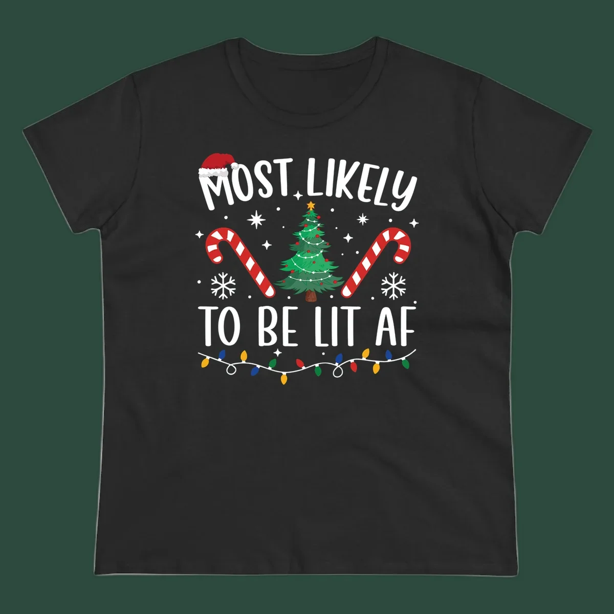 Most Likely To Be Lit AF Christmas Crew graphic with text, tree, candy canes, and lights.