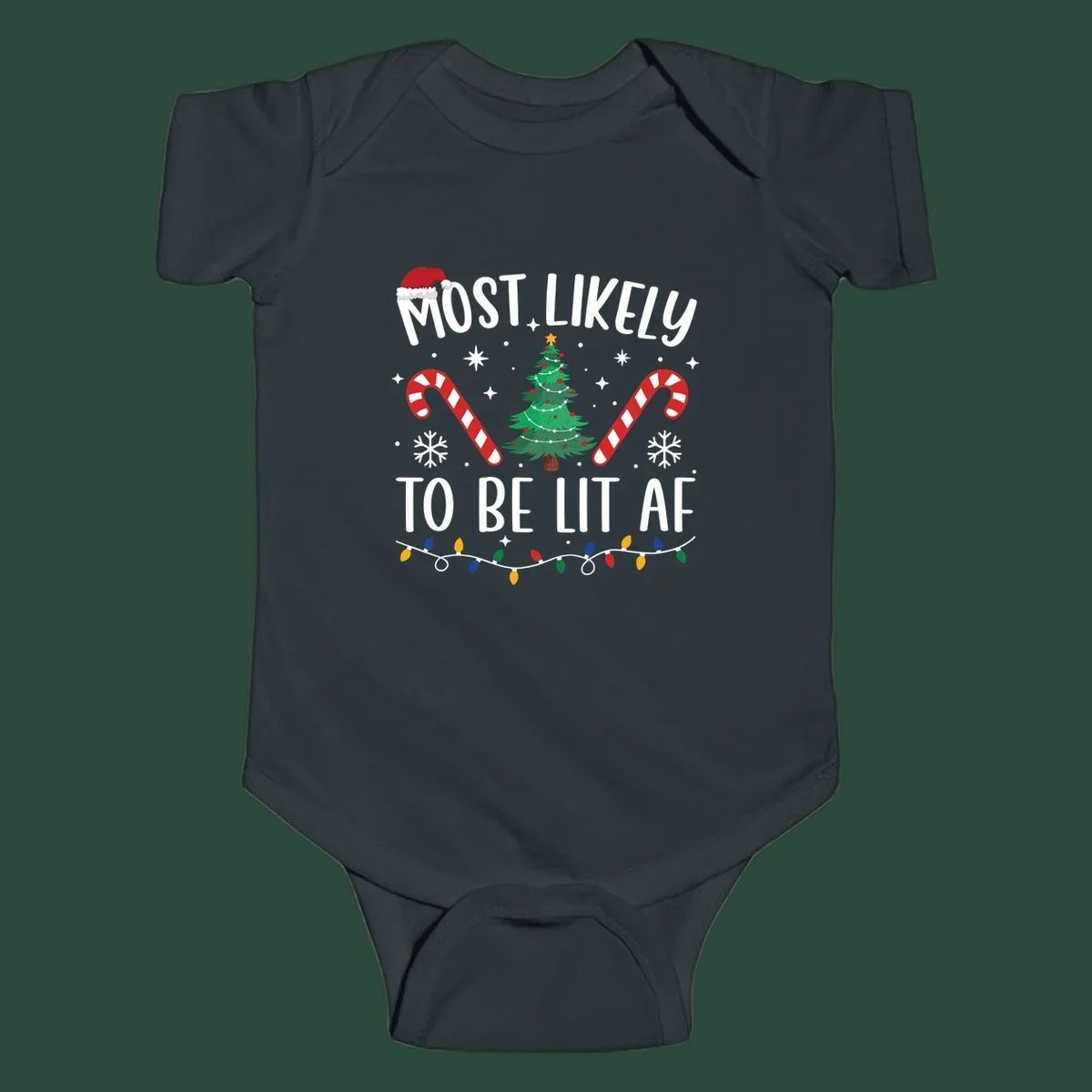 Most Likely To Be Lit AF Christmas Crew graphic with text, tree, candy canes, and lights.