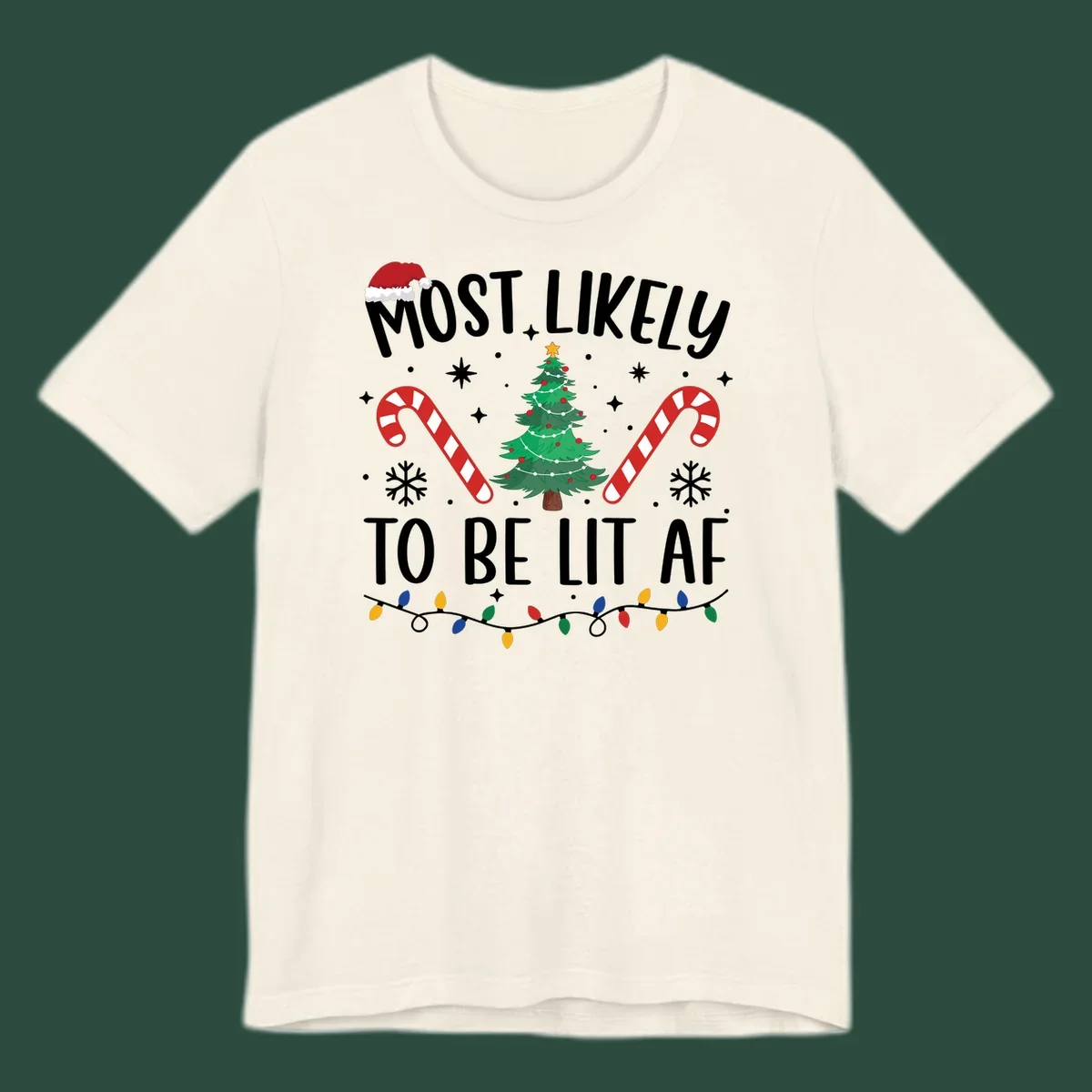 Most Likely To Be Lit AF Christmas Crew graphic with text, tree, candy canes, and lights.