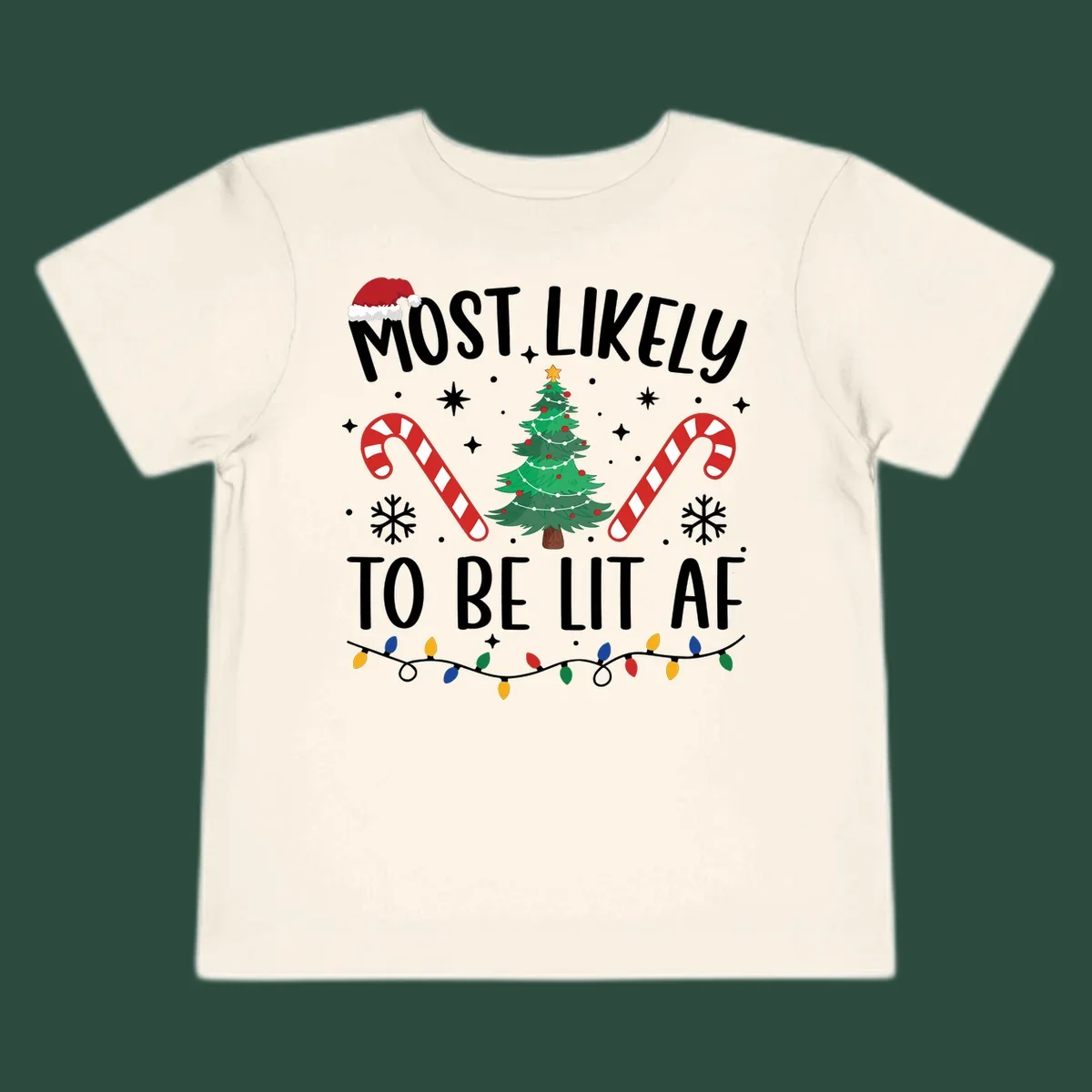 Most Likely To Be Lit AF Christmas Crew graphic with text, tree, candy canes, and lights.