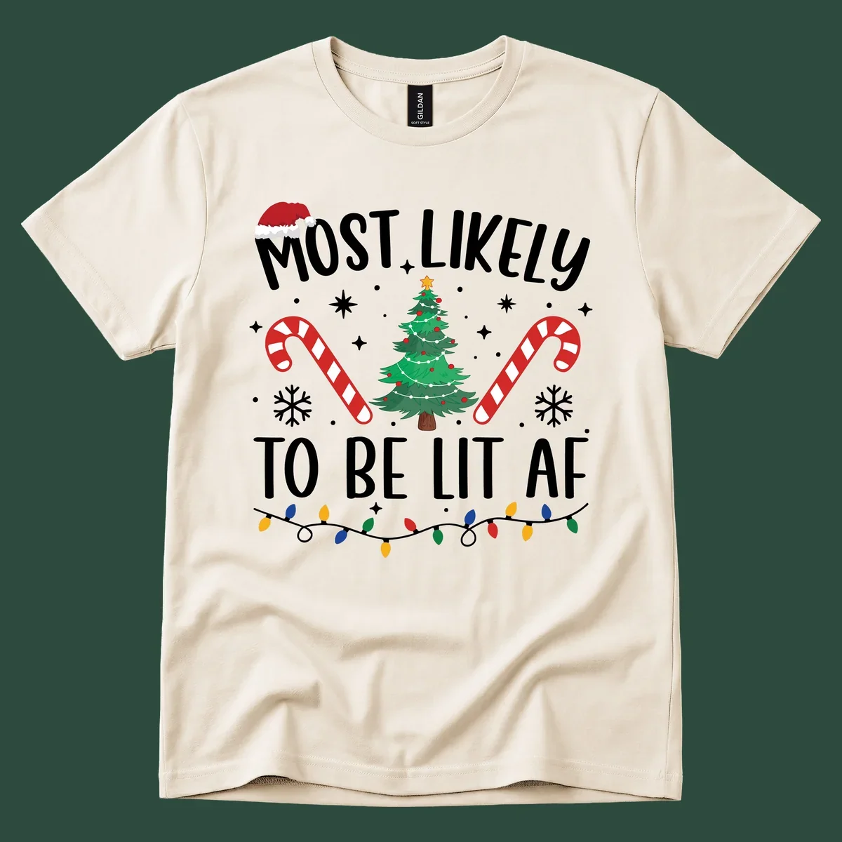 Most Likely To Be Lit AF Christmas Crew graphic with text, tree, candy canes, and lights.