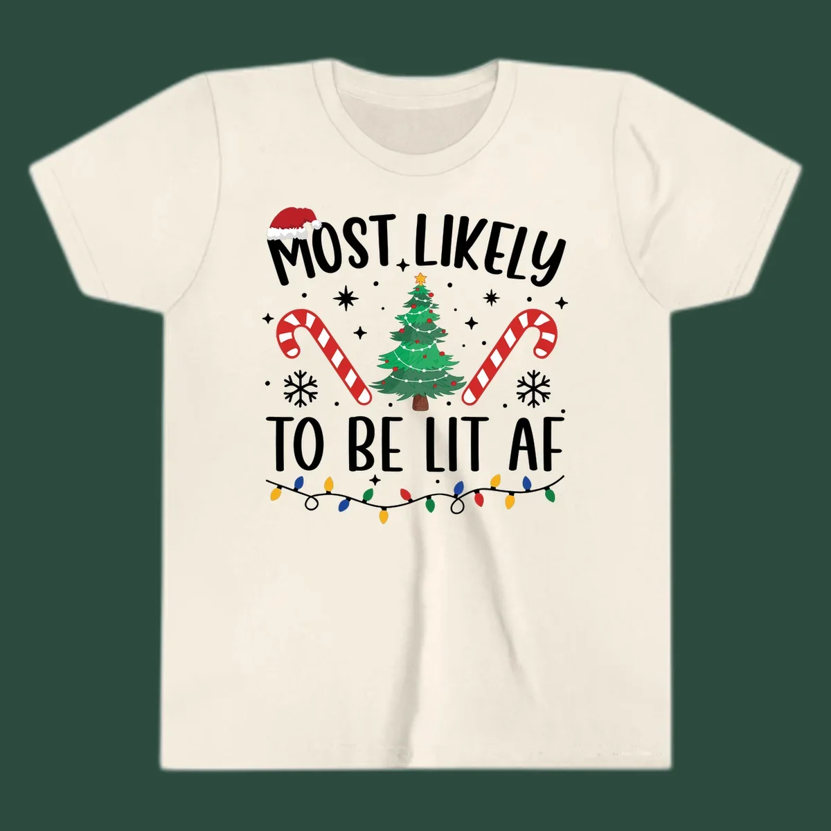 Most Likely To Be Lit AF Christmas Crew graphic with text, tree, candy canes, and lights.