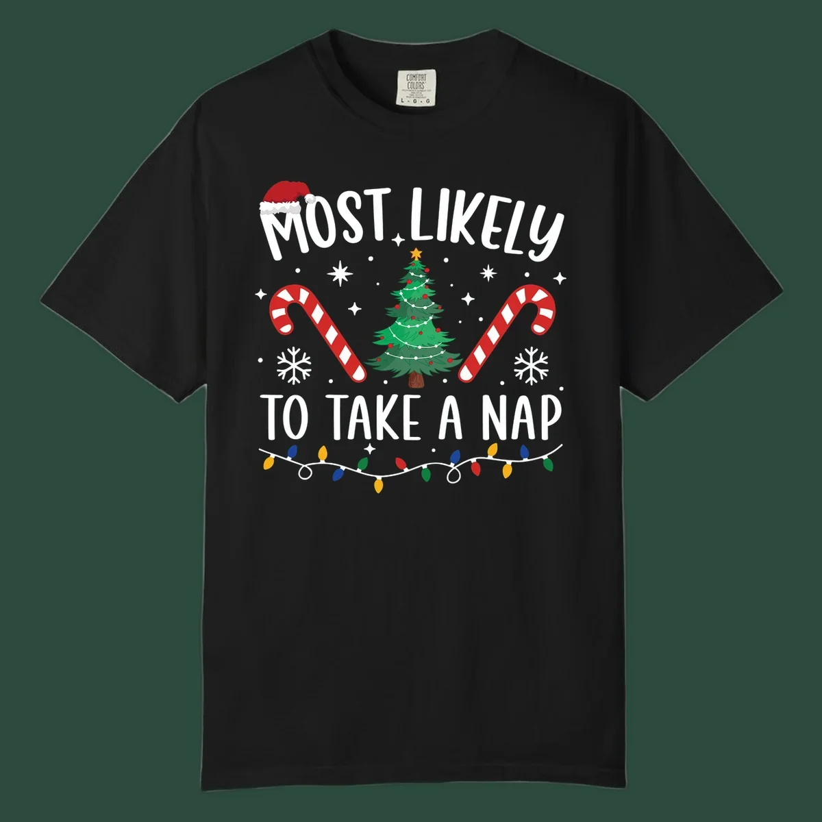 Most Likely To Take A Nap Christmas Design with tree, candy canes, and santa hat. christmas-nap-crew.