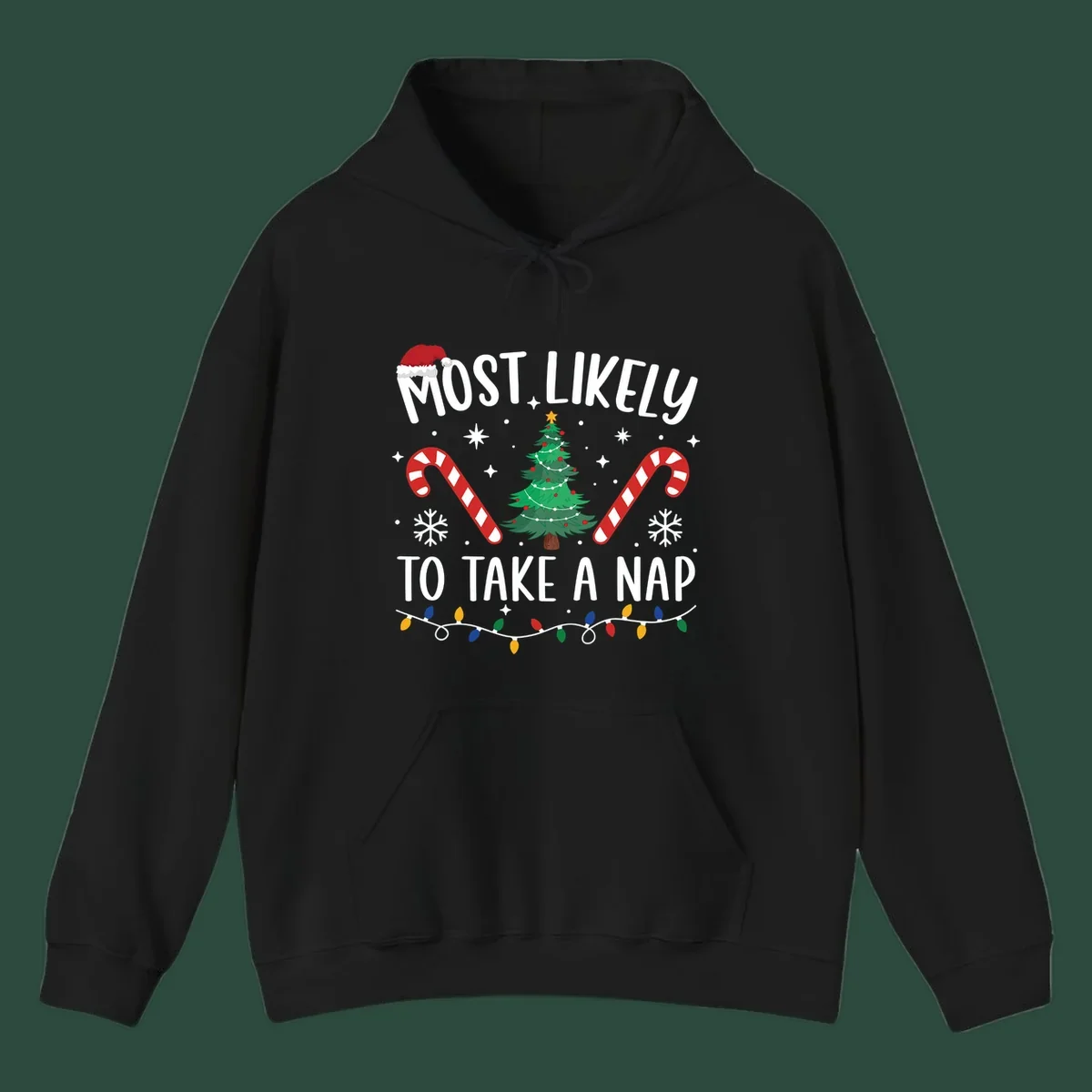 Most Likely To Take A Nap Christmas Design with tree, candy canes, and santa hat. christmas-nap-crew.