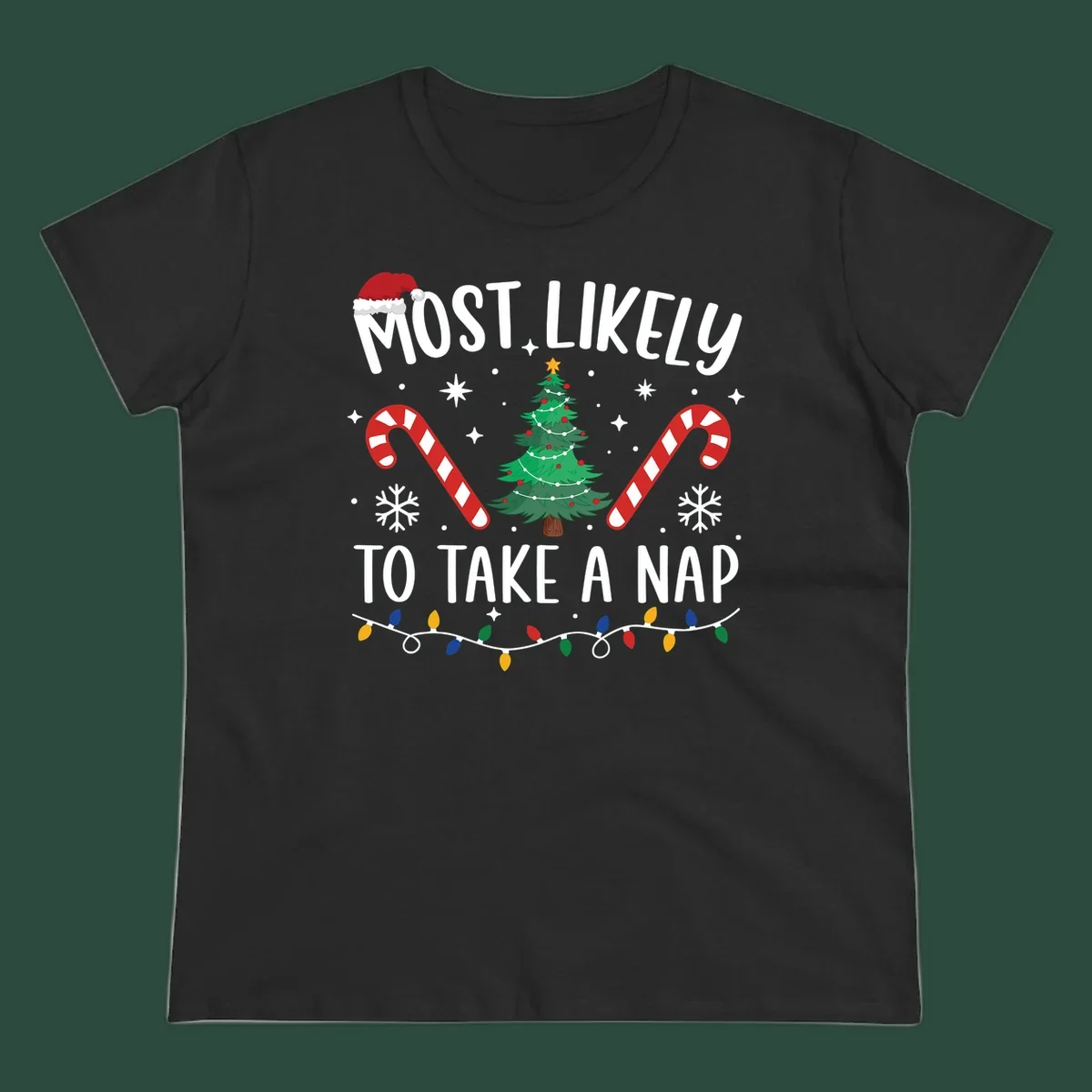 Most Likely To Take A Nap Christmas Design with tree, candy canes, and santa hat. christmas-nap-crew.