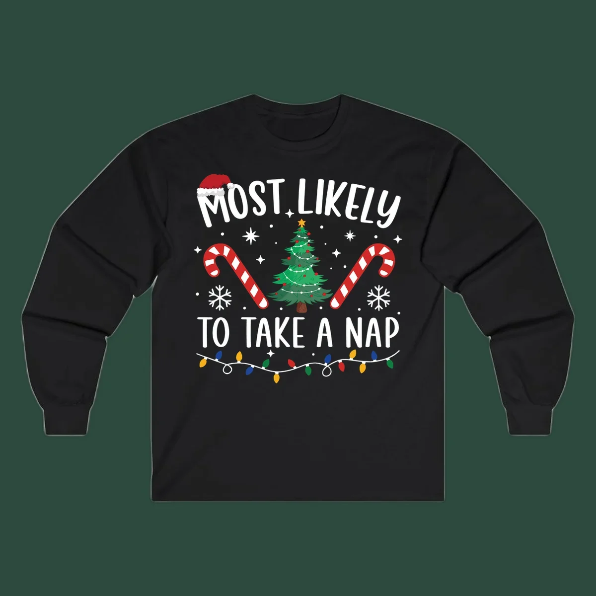 Most Likely To Take A Nap Christmas Design with tree, candy canes, and santa hat. christmas-nap-crew.