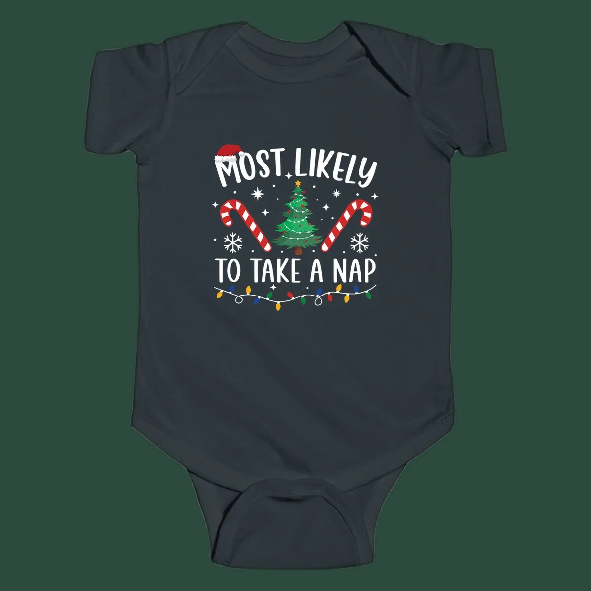 Most Likely To Take A Nap Christmas Design with tree, candy canes, and santa hat. christmas-nap-crew.