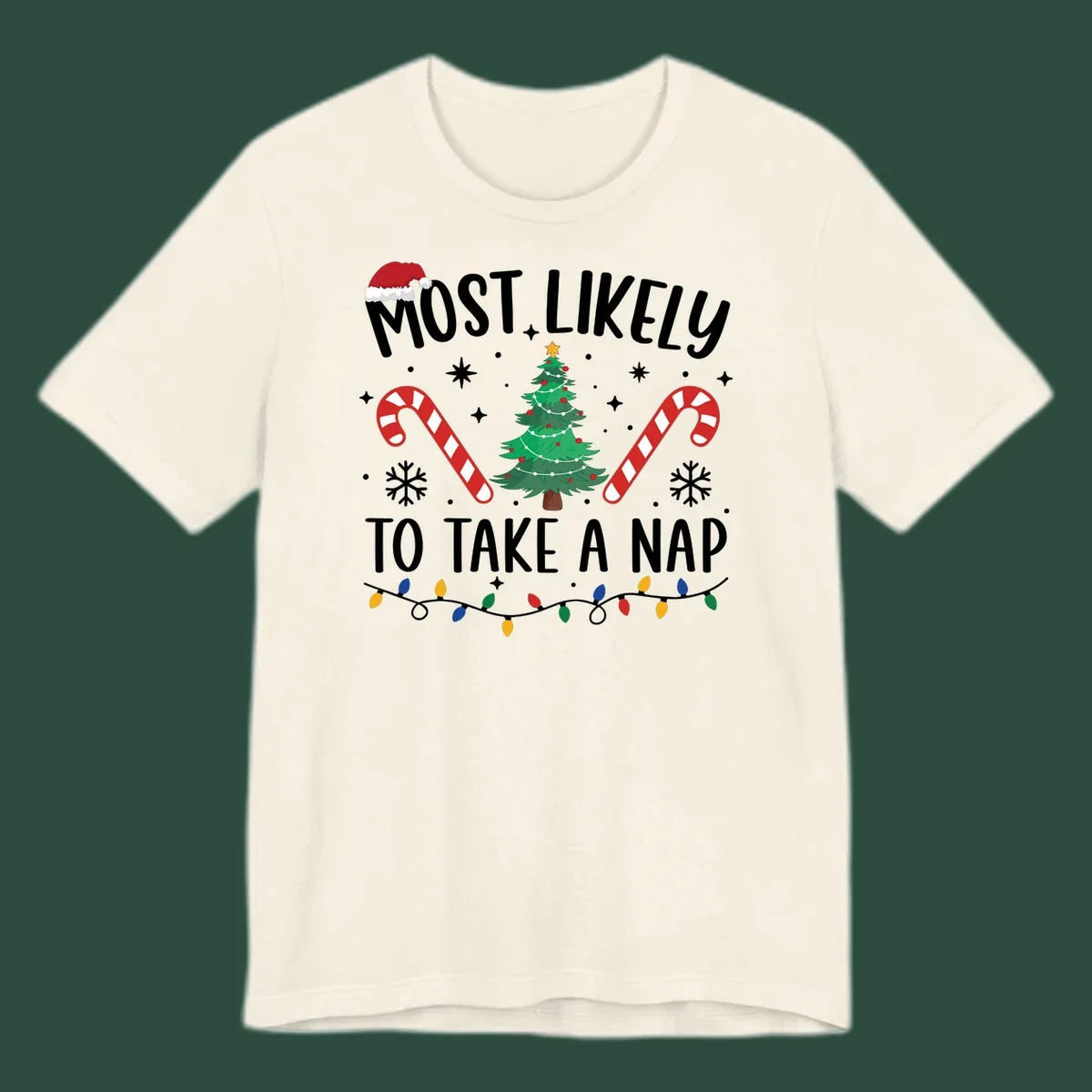 Most Likely To Take A Nap Christmas Design with tree, candy canes, and santa hat. christmas-nap-crew.