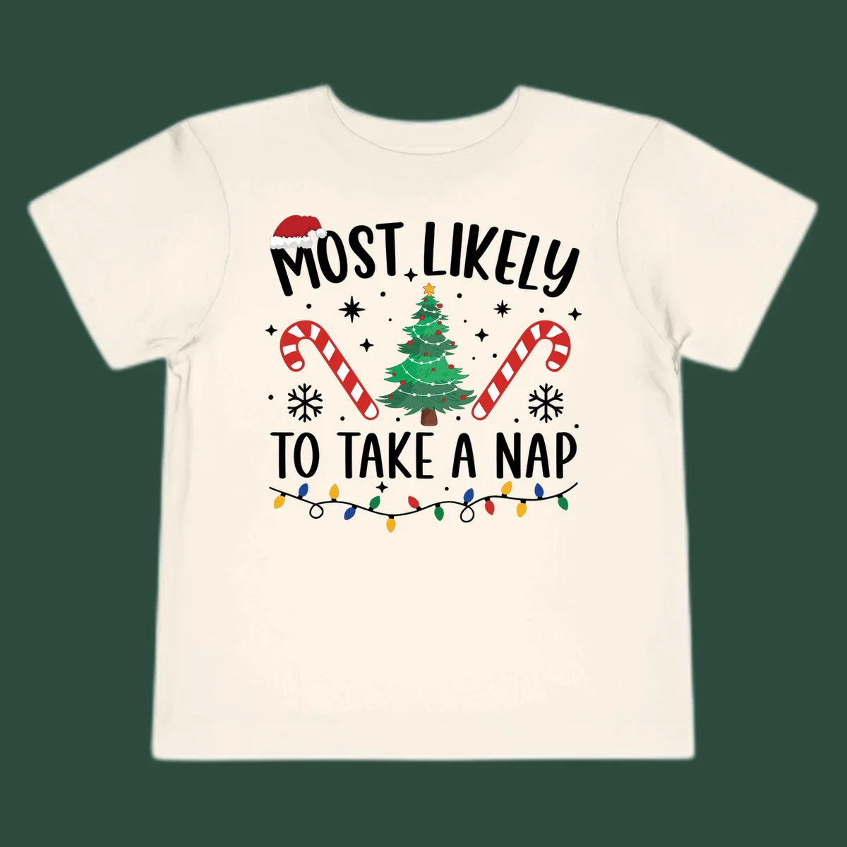 Most Likely To Take A Nap Christmas Design with tree, candy canes, and santa hat. christmas-nap-crew.