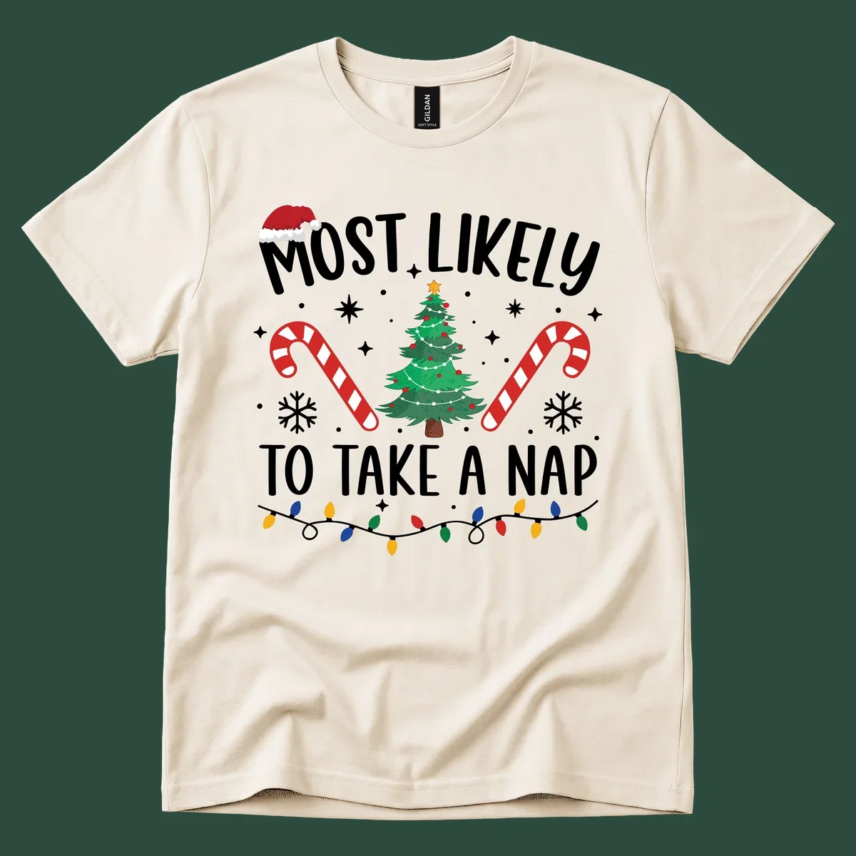 Most Likely To Take A Nap Christmas Design with tree, candy canes, and santa hat. christmas-nap-crew.