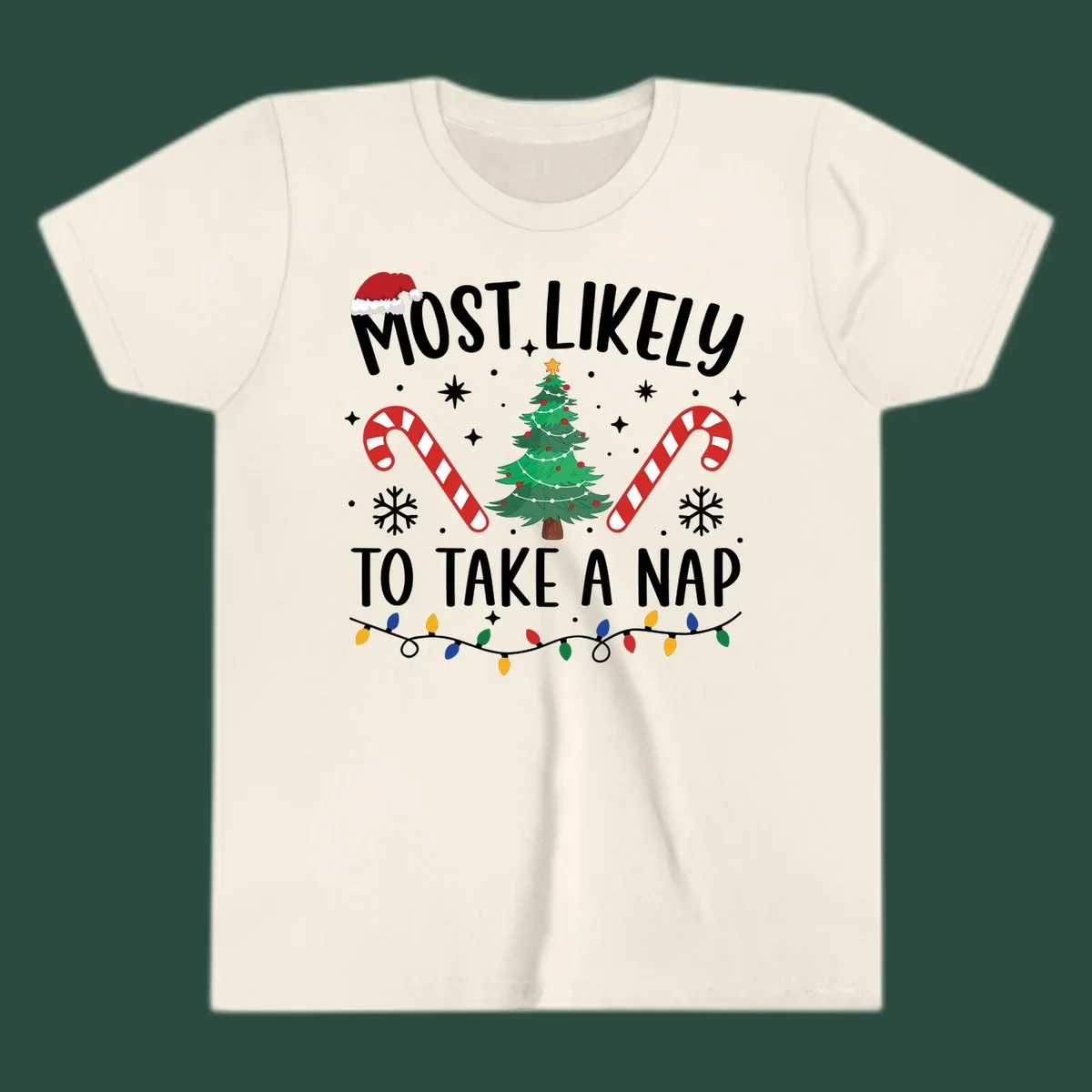 Most Likely To Take A Nap Christmas Design with tree, candy canes, and santa hat. christmas-nap-crew.
