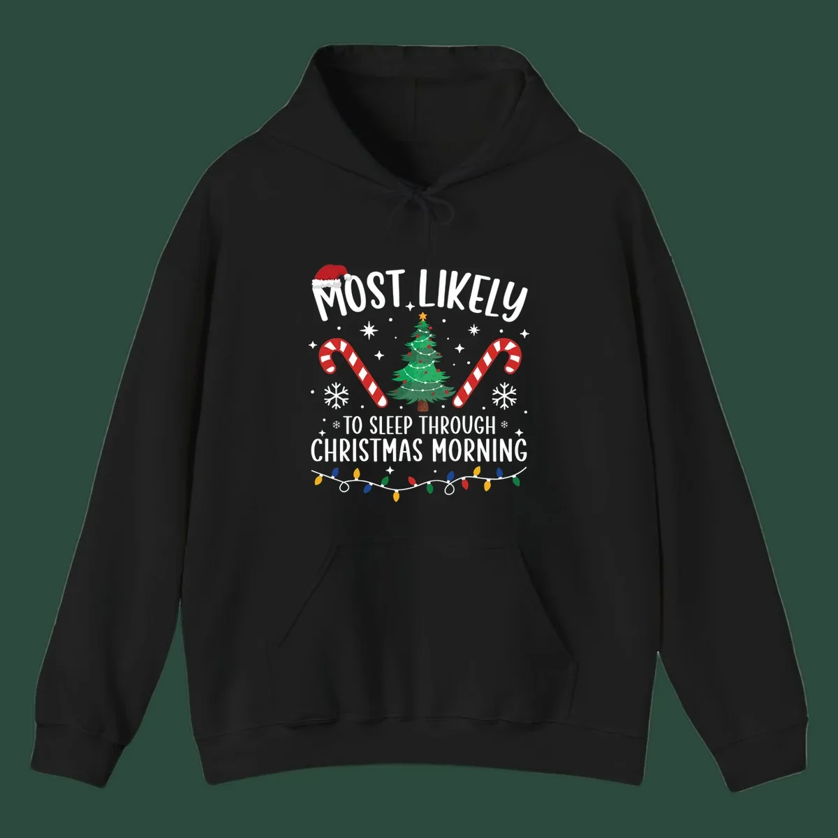 Text 'Most Likely To Sleep Through Christmas Morning' with Christmas icons like a tree, candy canes, and lights. Sleepy-christmas-morning design.