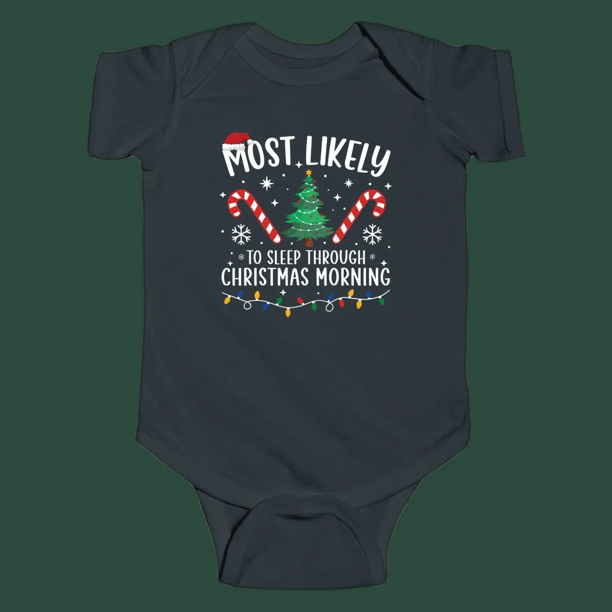 Text 'Most Likely To Sleep Through Christmas Morning' with Christmas icons like a tree, candy canes, and lights. Sleepy-christmas-morning design.