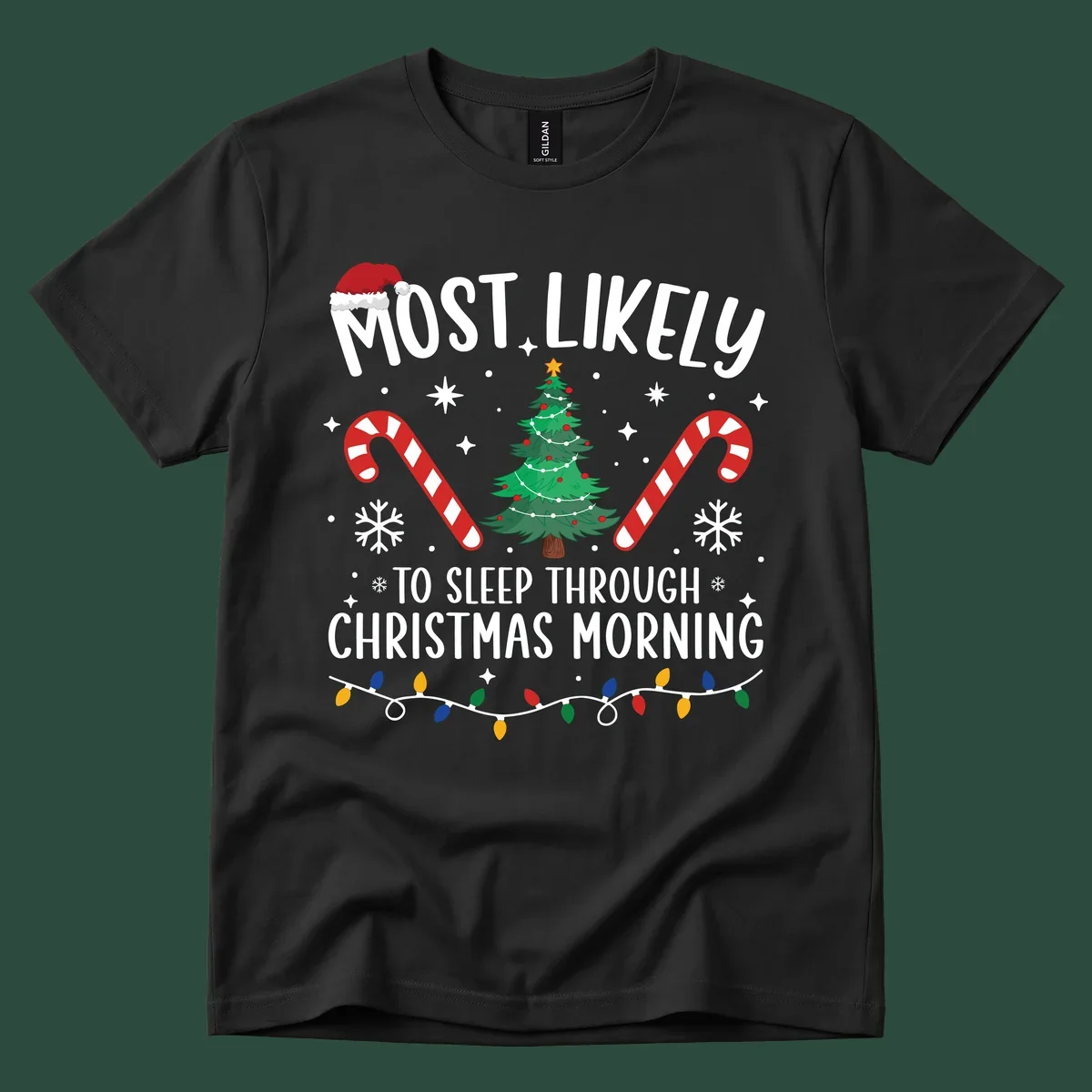 Text 'Most Likely To Sleep Through Christmas Morning' with Christmas icons like a tree, candy canes, and lights. Sleepy-christmas-morning design.