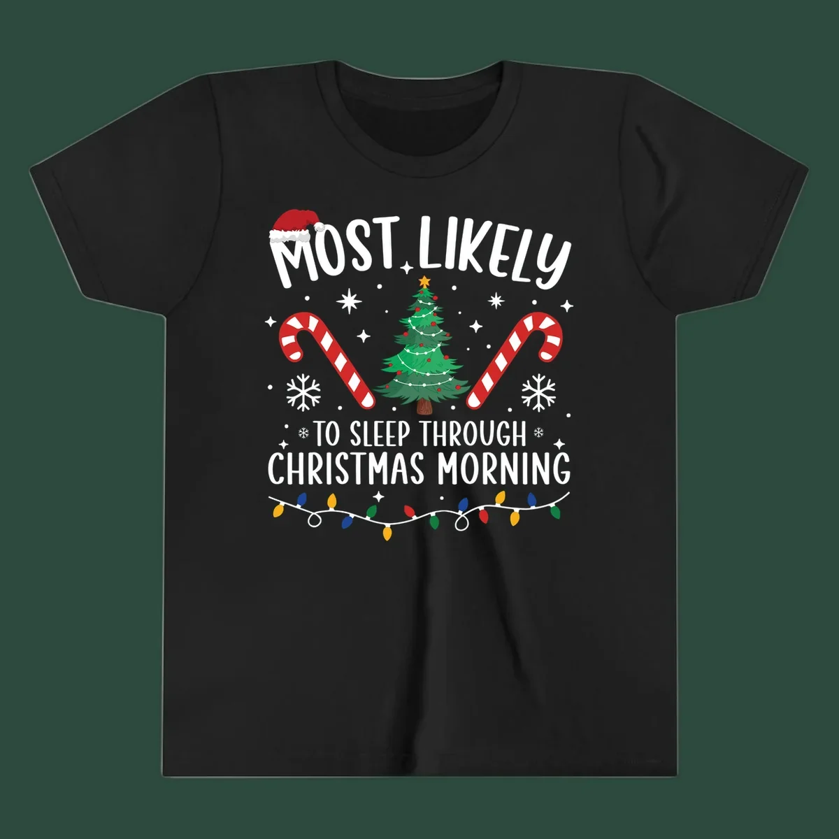 Text 'Most Likely To Sleep Through Christmas Morning' with Christmas icons like a tree, candy canes, and lights. Sleepy-christmas-morning design.