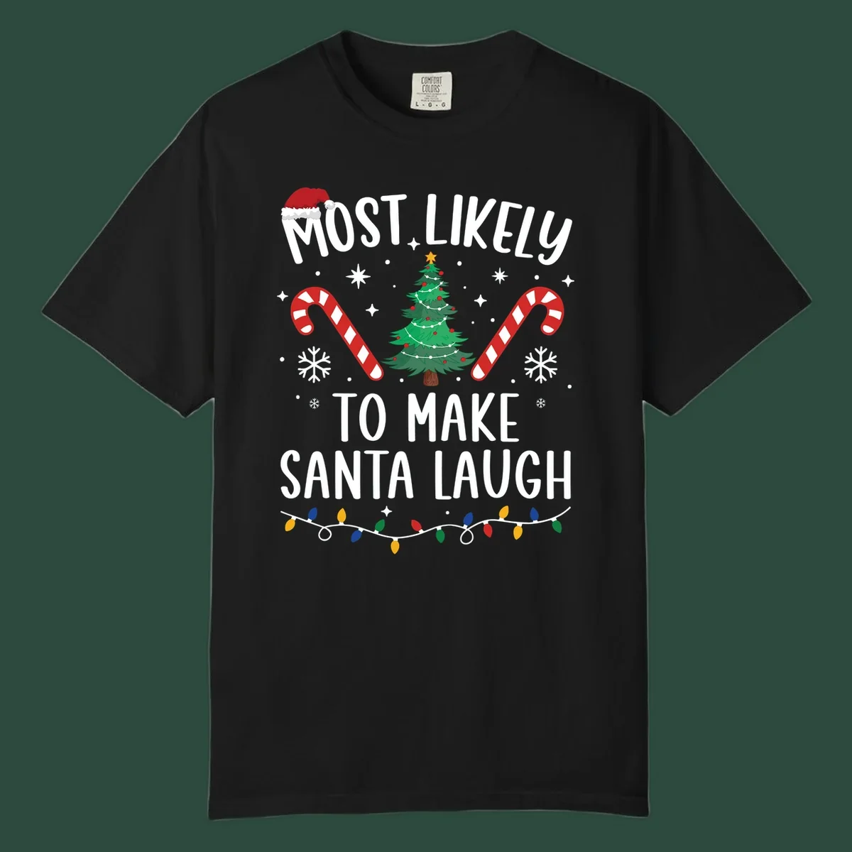 Most likely to make Santa laugh Christmas design with text, tree, candy canes, and lights.