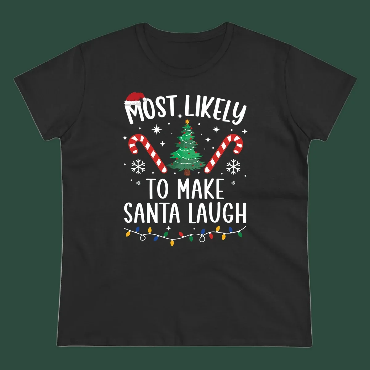 Most likely to make Santa laugh Christmas design with text, tree, candy canes, and lights.