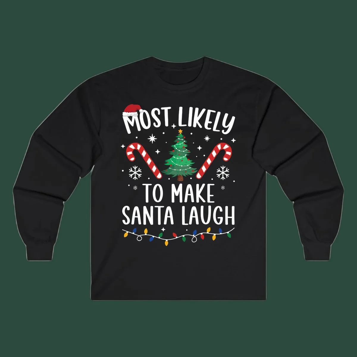 Most likely to make Santa laugh Christmas design with text, tree, candy canes, and lights.