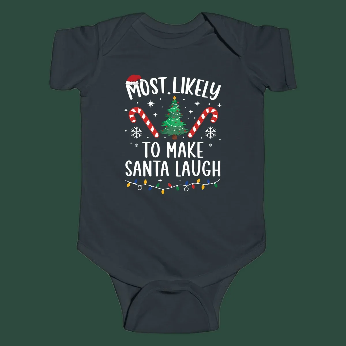 Most likely to make Santa laugh Christmas design with text, tree, candy canes, and lights.