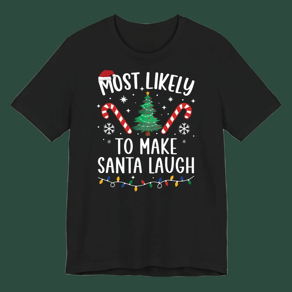 Most likely to make Santa laugh Christmas design with text, tree, candy canes, and lights.