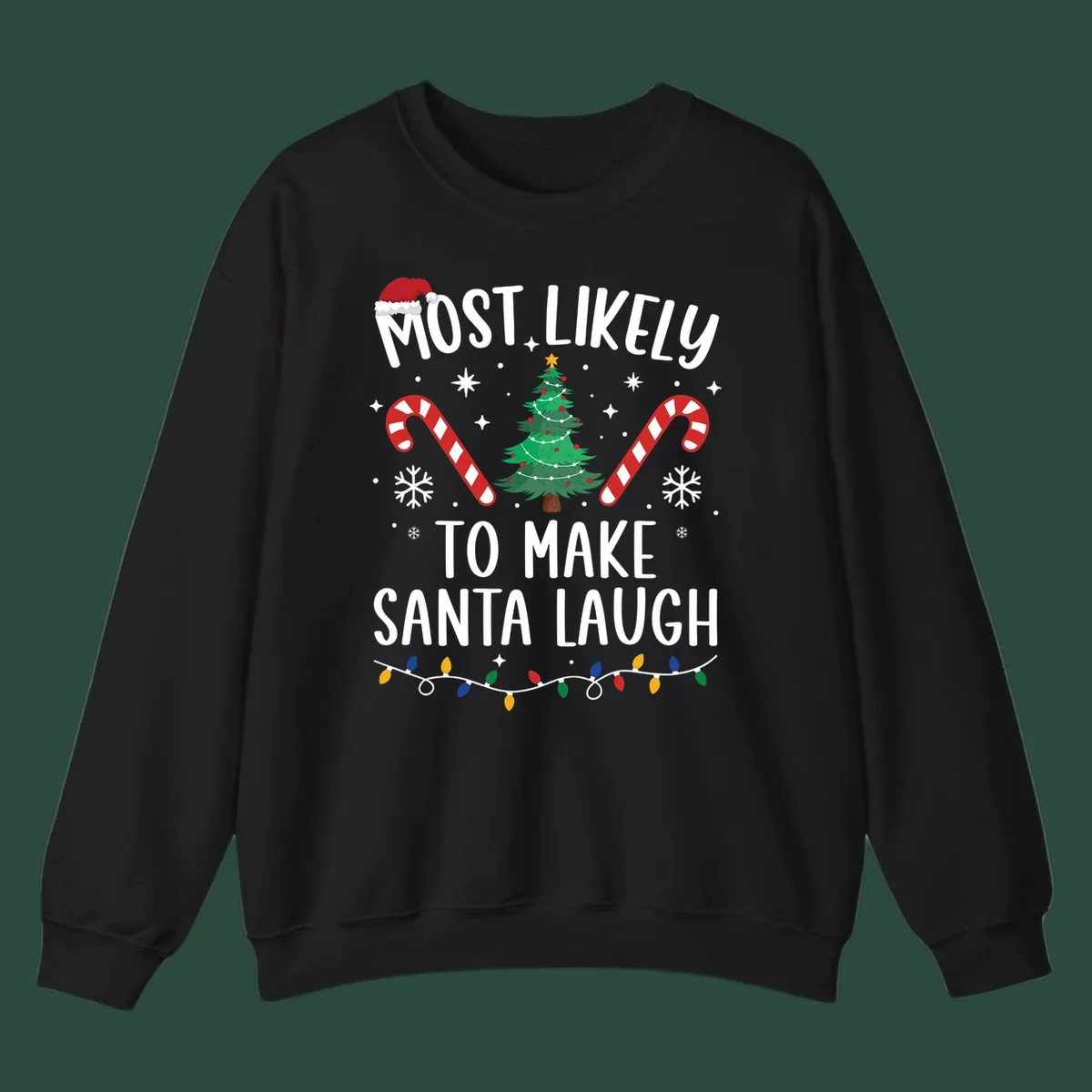 Most likely to make Santa laugh Christmas design with text, tree, candy canes, and lights.