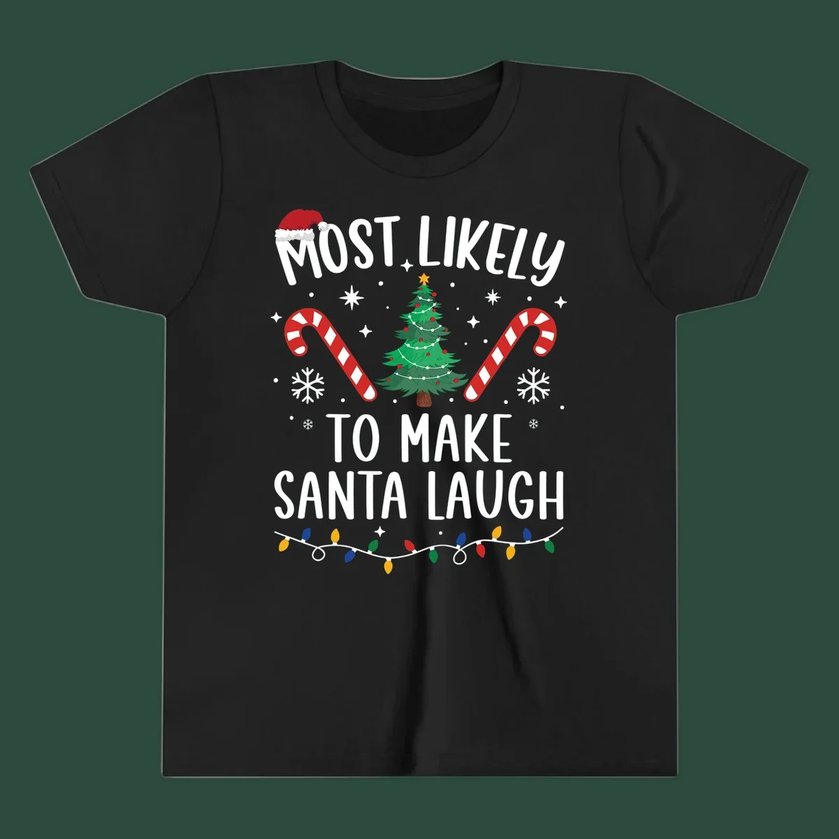 Most likely to make Santa laugh Christmas design with text, tree, candy canes, and lights.