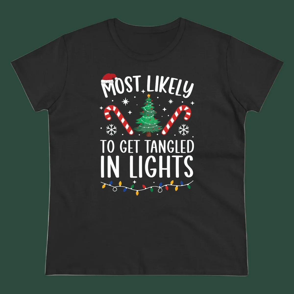 Most Likely To Get Tangled In Lights text with christmas tree, candy canes, and santa hat.