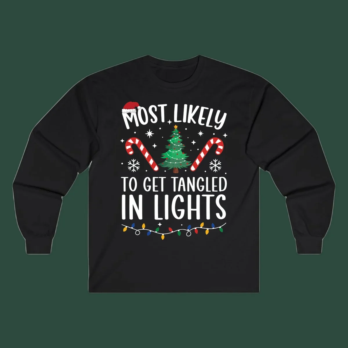 Most Likely To Get Tangled In Lights text with christmas tree, candy canes, and santa hat.