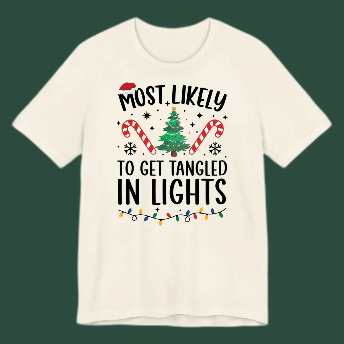 Most Likely To Get Tangled In Lights text with christmas tree, candy canes, and santa hat.