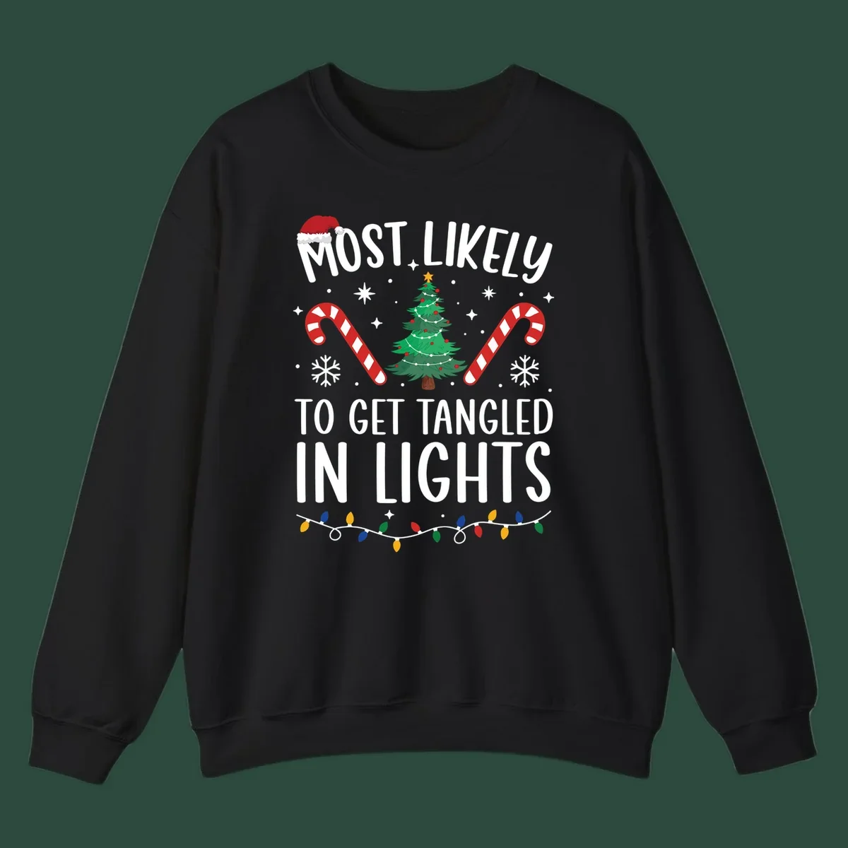 Most Likely To Get Tangled In Lights text with christmas tree, candy canes, and santa hat.