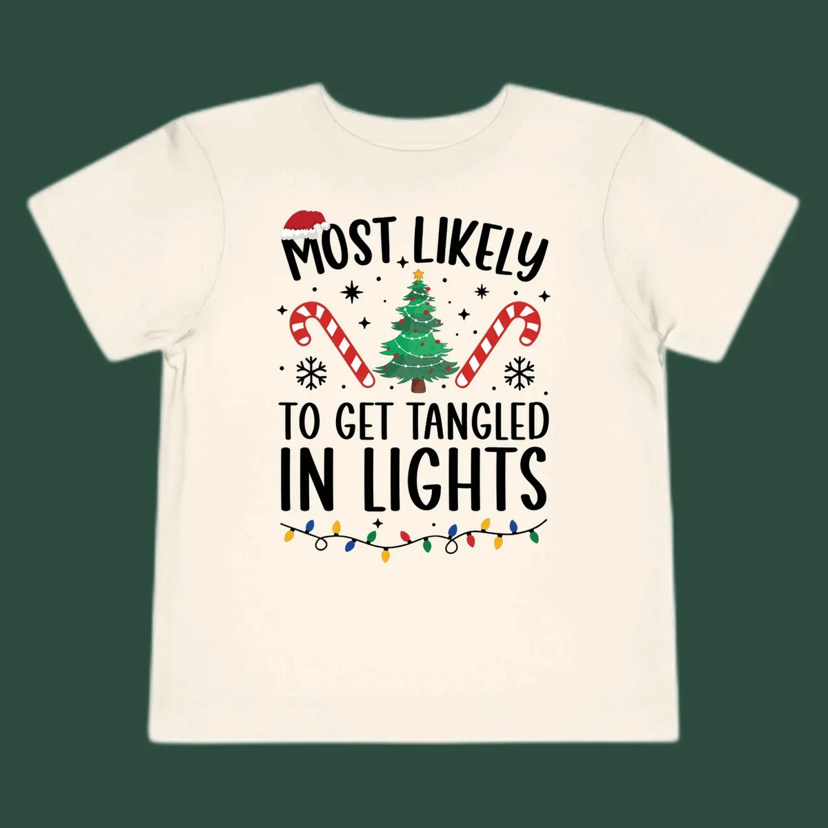 Most Likely To Get Tangled In Lights text with christmas tree, candy canes, and santa hat.