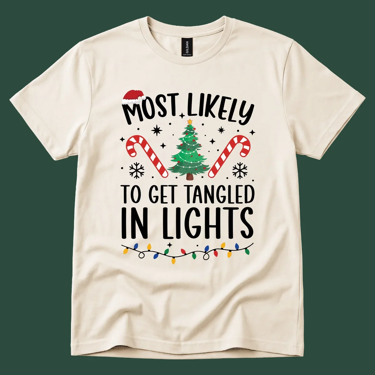 Most Likely To Get Tangled In Lights text with christmas tree, candy canes, and santa hat.