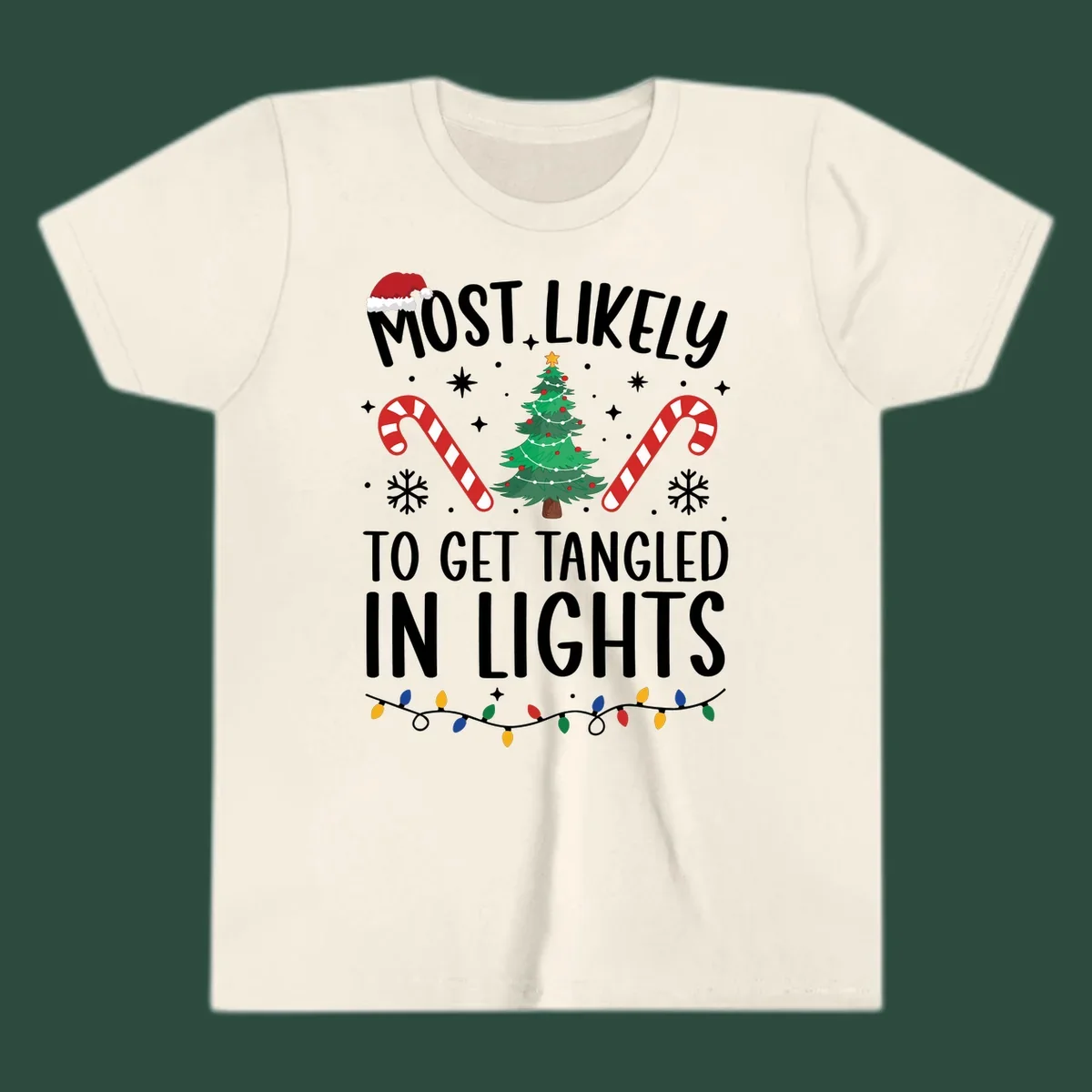 Most Likely To Get Tangled In Lights text with christmas tree, candy canes, and santa hat.