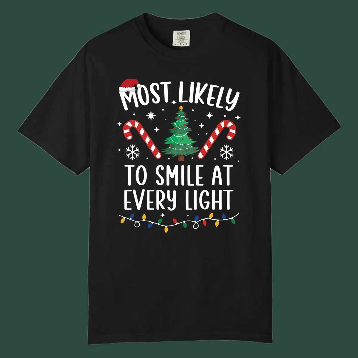 Most Likely To Smile At Every Light Christmas design with tree, candy canes, and lights.