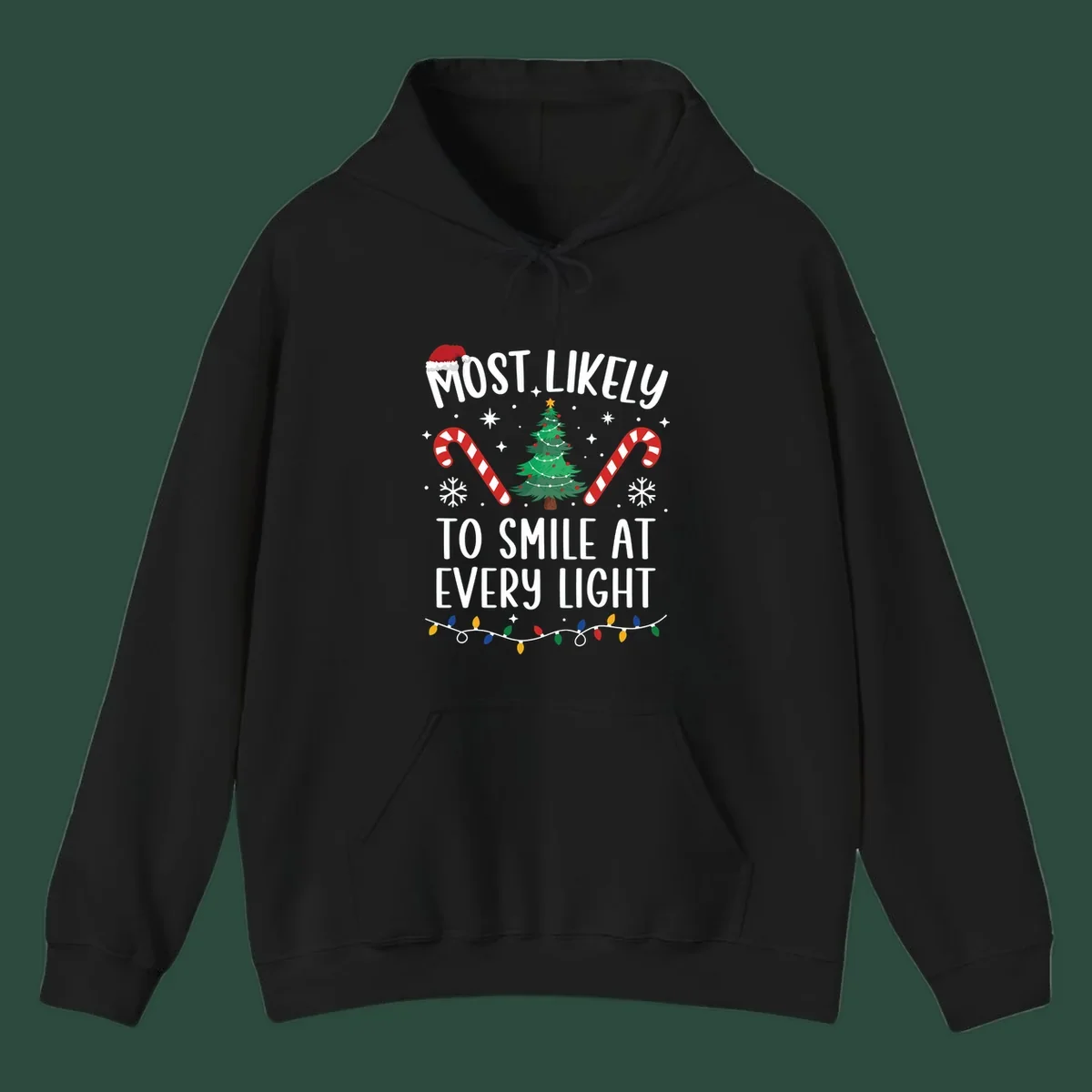 Most Likely To Smile At Every Light Christmas design with tree, candy canes, and lights.