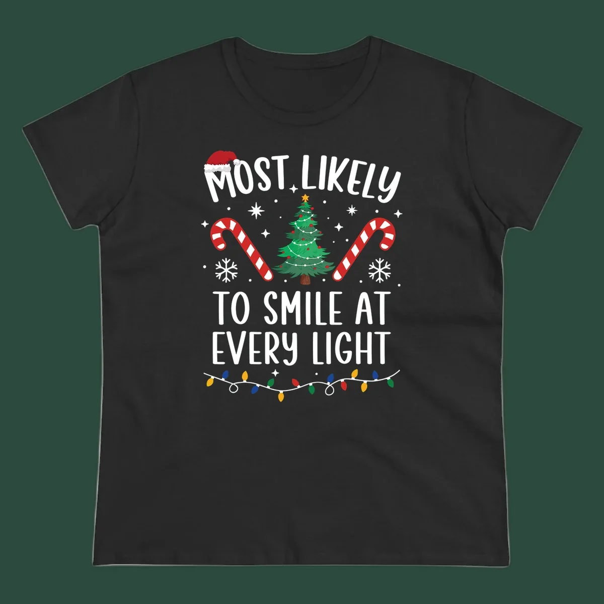 Most Likely To Smile At Every Light Christmas design with tree, candy canes, and lights.