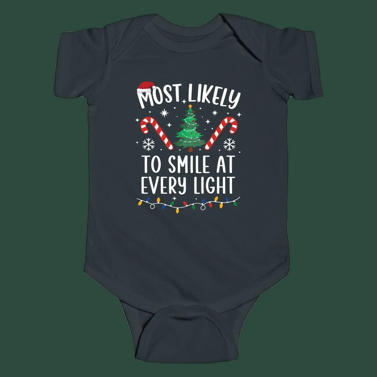 Most Likely To Smile At Every Light Christmas design with tree, candy canes, and lights.